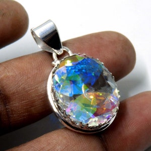 Rainbow Mystic Topaz Pendant , Sterling Silver Mystic Topaz Necklace, 37x22 mm Mercury Mystic Topaz Jewelry Pendant ,Gift For Her, Necklace image 9