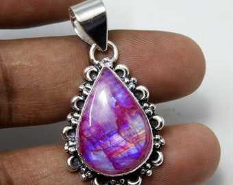 Teardrop Pink Rainbow Moonstone Pendant: 925 Sterling Silver