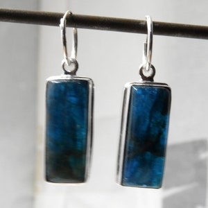 Sterling Silver Huggie Hoop Earrings With Neon Blue Apatite Earrings, Gift For Her