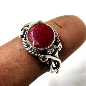 Genuine Ruby Sterling Silver Ring: 10mm Round Gemstone Statement Ring