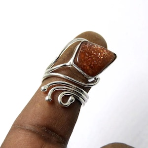 Natural Sunstone Ring: Adjustable Sterling Silver Stacking Ring