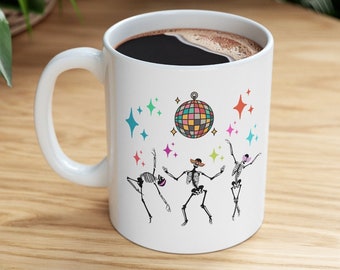 Skeleton Mug, Ceramic Mug 11oz, Groovy Mug, Cute Skeleton Mug, Cute Coffee Cup, White Coffee Mug, Dancing Skeleton Mug, Groovy Skeleton