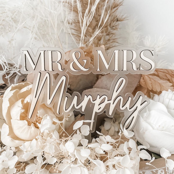 Décoration pour gâteau de mariage | Mariage rustique | Décorations | Les mariés | Flottant | M. et Mme Murphy | Acrylique | Personnalisé