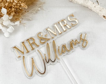 Wedding Cake Topper | Gold Cake Topper| Wedding Cake | Personalised last name| | Handmade | Floating | Mr & Mrs Williams | Acrylic