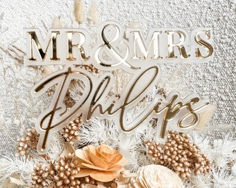 Wedding Cake Topper | Personalised Gold Cake Topper | Wedding Decor | Mr and Mrs | Floating | Mr & Mrs Philips | Acrylic