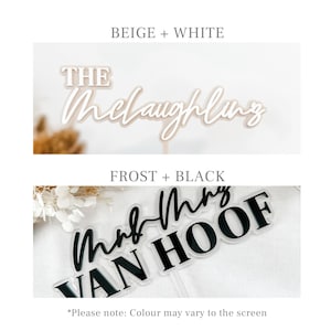May include: Two cake toppers, one in beige and white with the text "THE McLaughlin" and the other in frost and black with the text "Mr & Mrs VAN HOOF".