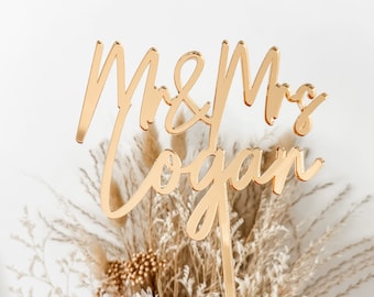 Wedding Cake Topper | Personalised Cake Topper | Wedding Decor | Mr and Mrs | Mr & Mrs Logan | Gold Mirror