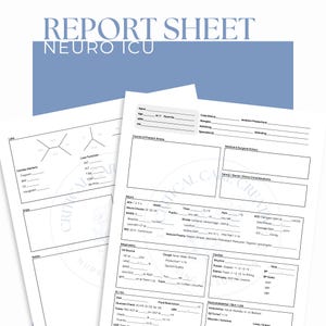 Può includere: Un foglio di rapporto medico vuoto per un'unità di terapia intensiva neurologica. Il foglio include sezioni per i segni vitali, la valutazione neurologica, i marcatori cardiaci, lo stato respiratorio e altro ancora.