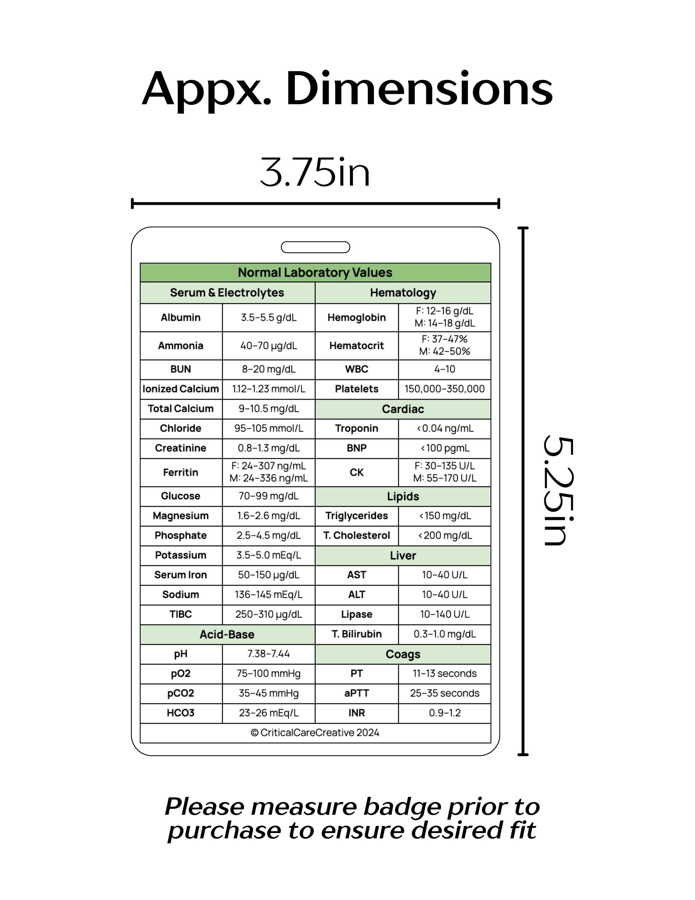 Normal Lab Values Reference Badge Buddy | Critical Care ICU Phlebotomy ...
