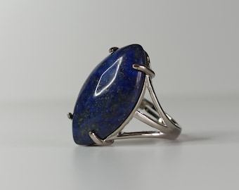 Bague Réglable Lapis Lazuli Fait Main, Pierre Semi Précieuse Ovale, Acier Inoxydable Femme, Gemme Sertie Bleu Jaune, Bijoux Artisan Francais