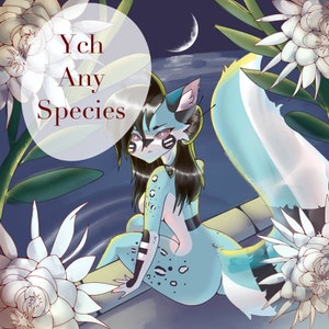 May include: A blue and white furry creature with long black hair sits on a stone ledge. The creature has large, expressive eyes and a long tail. The background is a dark blue with white flowers.