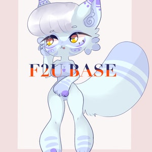 May include: A digital illustration of a light blue furry creature with a white and purple striped tail. The creature has a light purple and white hairstyle, yellow eyes, and a purple heart on its chest. The text "F2U BASE" is written in red and orange letters on the image.