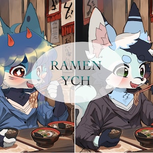 May include: Two cartoon foxes eating ramen in a Japanese restaurant. The fox on the left is blue with red horns and the fox on the right is white with blue accents. The text "RAMEN YCH" is in the center of the image.