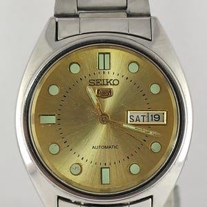Vintage Seiko 5 Automatic Stainless Steel Yellow Gold Dial Cal.6309 Japan Men&#39;s Wrist Watch Recently Service Free Shipping