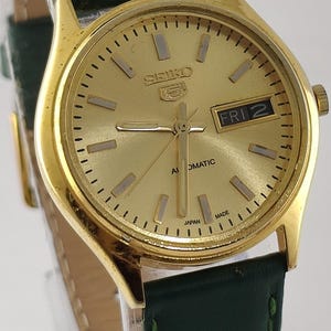 Vintage Seiko 5 Automatic Gold Dial GP Case 17 Jewels Day/Date Cal.6309 Leather Band Men&#39;s Wristwatch 80&#39;s Recently Service