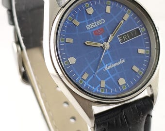 Vintage Seiko 5 Automatic Blue Dial 17 Jew Day & Date Cal.6309 All Working Men Wristwatch Leather Band "Keep Good Time"