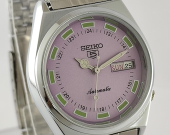 Vintage Seiko 5 Automatic: Purple Dial Date/Day 17Jew Cal.6309 All Working Men Wristwatch Stainless Steel Band