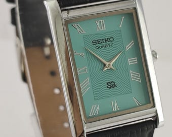 Vintage Seiko Tank Style Quartz Sky Blue Dial Roman Index Rectangle Men's Wristwatch