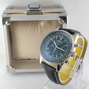 Vintage Breitling Chronograph Swiss Stainless Steel Green Dial Analog Men&#39;s Wristwatch All Working