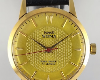 Vintage HMT SONA handopwinder GP-kast gouden wijzerplaat herenpolshorloge, blijf op tijd Gratis verzending