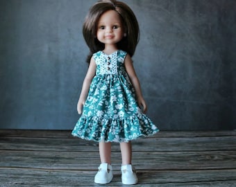 Paola Reina green dress, doll clothes, Paola Reina doll outfit, doll clothing, summer green and white dress for Paola Reina doll