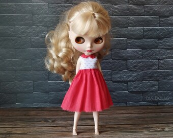 Blythe red and wide cotton dress, Blythe doll clothes