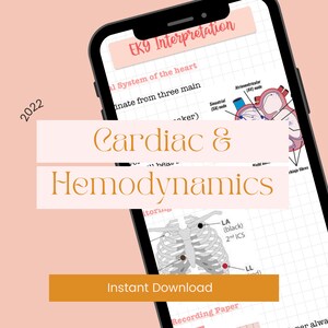 May include: A digital illustration of the human heart with the text "Cardiac & Hemodynamics" and "EKG Interpretation" on a pink and white background. The illustration shows the location of the sinoatrial node, atrioventricular node, and Purkinje fibres.