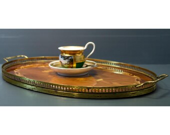 ヴィンテージ ソレンティーヌ象嵌木製トレイ：花柄モザイク、真鍮