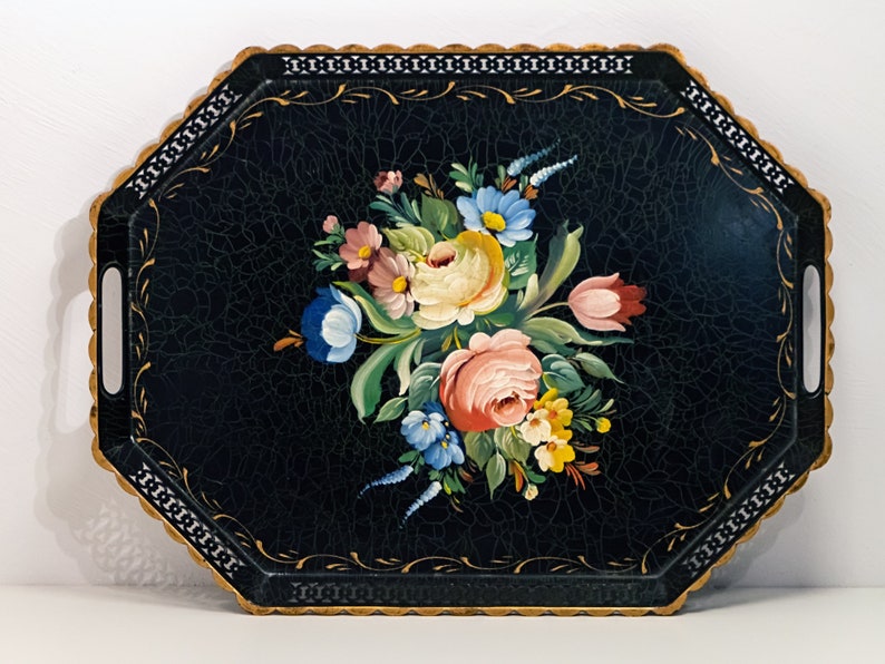 Black Metal Tray With Flowers French Vintage 1960s. Black Etsy