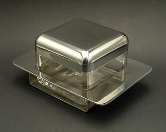 Glass & Steel Italian Cheese Holder • Italian vintage, ICM brand. Metal-glass container for grated cheese. Square shape, steel lid