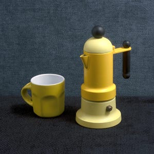 Może przedstawiać: Żółty ekspres do kawy z czarnym uchwytem i pasującym żółtym kubkiem. Ekspres do kawy ma zaokrągloną górę i jasnożółtą podstawę. Kubek jest również żółty z białym wnętrzem.