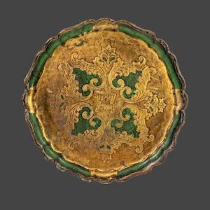 Round Gold & Green Tray • Traditional Florentine hand-carved hand-painted wooden tray. Round wooden tray green rim, Italian vintage, 1960s