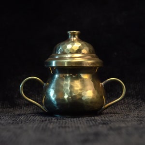 Small Italian Brass Sugar Bowl • 1970s Italian vintage, excellent condition, hammered brass. Cozy classic small sugar bowl, perfect brass