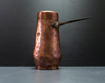 Small Antique Copper Pot With Lid • Vintage Copper Coffee Pot. Narrow copper-clad pot or coffee maker with cast iron handle. Italy, 1920s