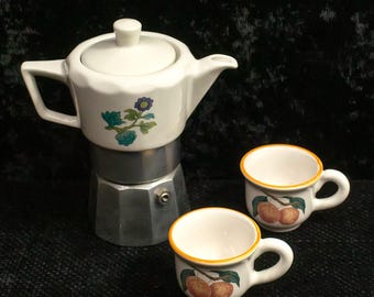 Linda Express Vintage Coffee Maker • Small (1 cup) home espresso coffee pot with ceramic top. Picture of plum branch and rose. Two tiny cups