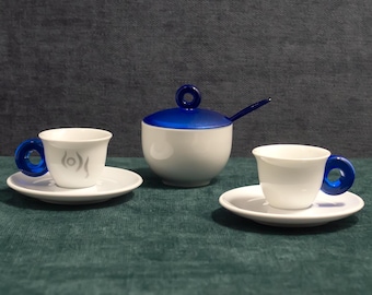 Vintage Omada Coffee Set: white ceramic cups, blue accents, 1990-2000s Italian design