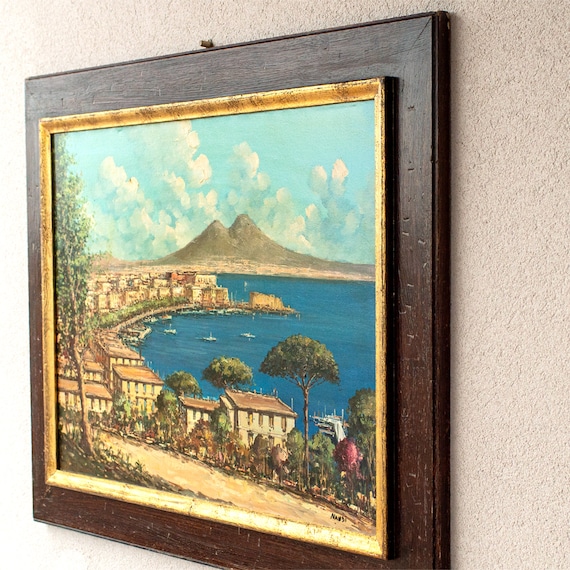 Vintage Italian Oil Painting: Gulf of Naples, Vesuvius, 1950s