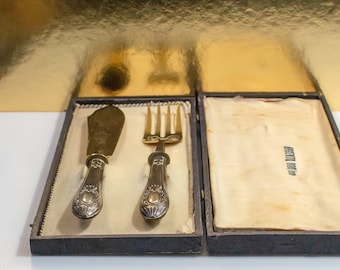 Service à desserts en argent antique • Service de couverts dans une boîte. Argenterie ancienne, grande fourchette et couteau. Vintage italien, Art nouveau