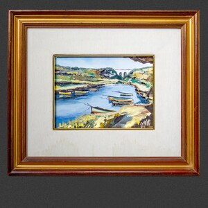 Vintage Ölgemälde: Flussboote, Aquädukt (30 x 35 cm)