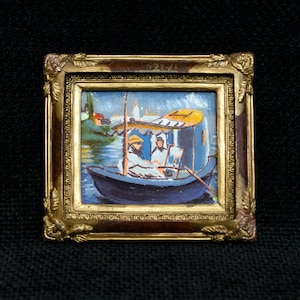 Cuadro pequeño enmarcado • Óleo sobre cartón, 9×10 cm. Copia del cuadro de Édouard Manet 'Monet y Madame Monet en un barco', 1874, marco antiguo