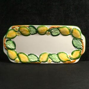 Italian Ceramic Tray • Vintage hand-painted lemon ceramic serving dish. Mediterranean kitchen decor with yellow lemons & green leaves. Italy