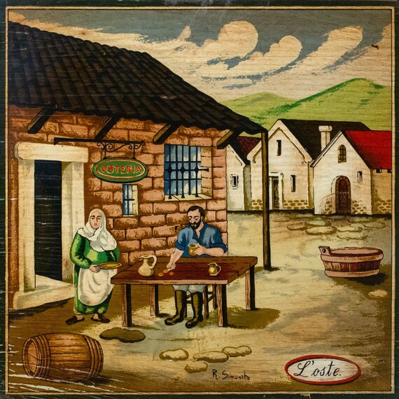 Vintage Italian Wood Art: Rita Simonetto Naive Osteria Scene