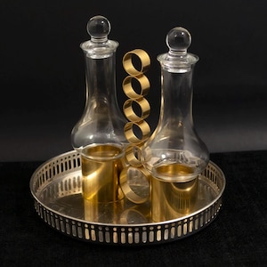 Italian Glass and Brass Cruet Set. For oil & vinegar. 2 bottles with lid + holder