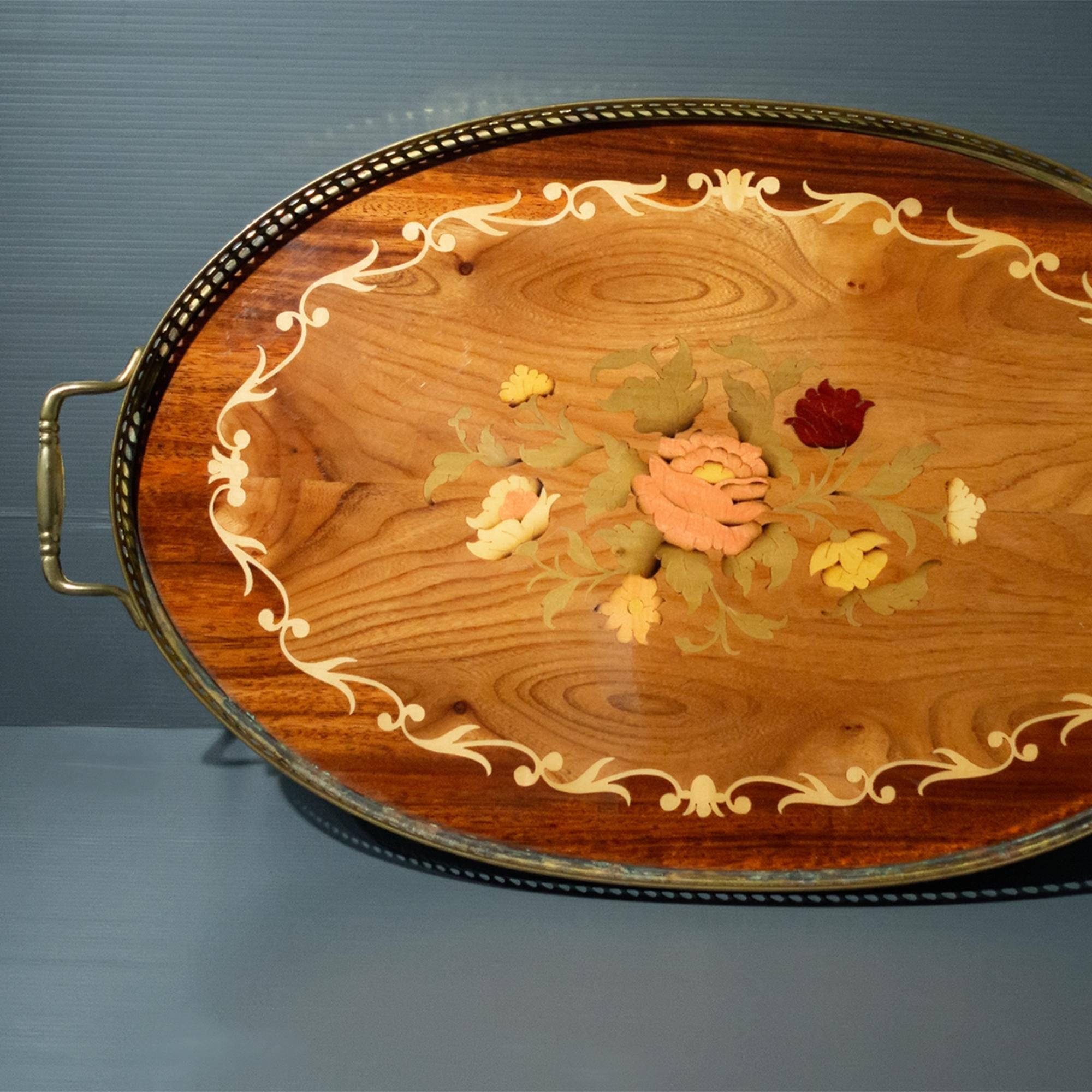 ヴィンテージ ソレンティーヌ象嵌木製トレイ：花柄モザイク、真鍮