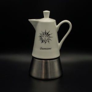 Steel Coffee Maker With Ceramic Top • Vintage Italian coffee maker Damiani, suitable for induction. Two steel cups & saucers. Italy, 1990s