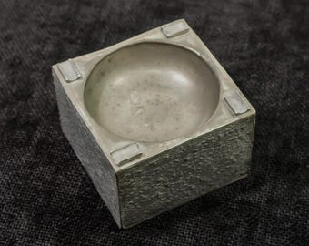 Vintage Italian Pewter Ashtray: Hammered Metal, Cubic Base, 1950s