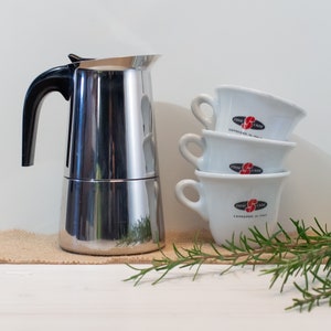 Italian Coffee Maker With 3 Cups • Vintage steel moka coffee maker, GB brand. Big home stovetop espresso coffee pot with 3 cappuccino cups