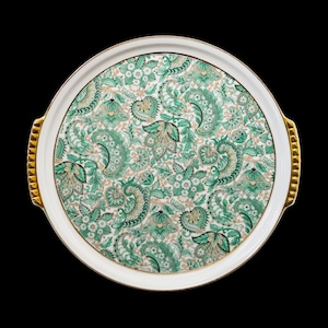 Round Porcelain Tray • Vintage Swiss ceramic. Green and gold Etro style tray. Switzerland, 1980s, perfect condition, heavy & beautiful