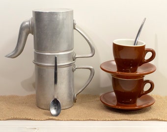 Neapolitan Vintage Coffee Maker With 2 Cups • Italy vintage, 1950s. One coffee pot & 2 brown cups, 2 saucers, 2 spoons