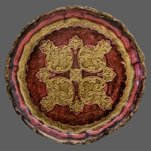 Small Round Pink & Gold Tray • Traditional Florentine hand-carved hand-painted wooden tray. Italian vintage from 1960s